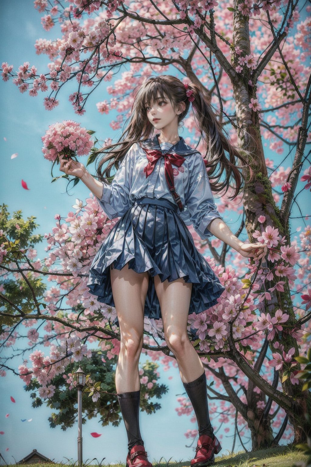 masterpiece,  highest quality,  8K,  RAW photo,
BREAK
1 japanese girl, high school student, school uniform,  (haircut of uniform length), (one length), see-through nipples,  Beautiful shiny black hair, straight hair, messy hair, twintails, pale white skin, white skin, full body to the toes,  beautiful thighs, (navy blue pleated skirt), 
BREAK
profile, looking up, close eyes, standing under the cherry trees, ((Cherry blossom storm)), cherry blossom petals are falling, reach out a hand, ((angle from below)), dimly light,  at night, high_school_girl, best quality,CherryBlossom_background,DonMS4kur4XL,scandal rina