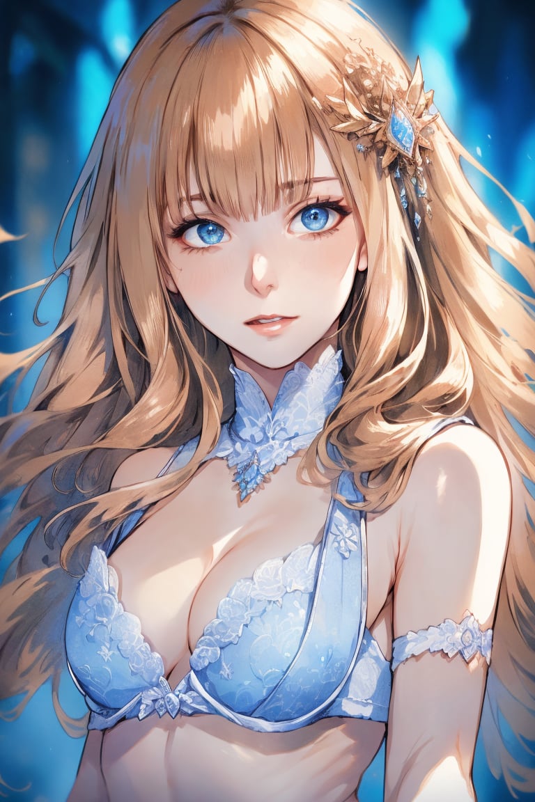 Portrait ((masterpiece)), ((best quality)), ((illustration)), extremely detailed,style girl, rare beauty,  long shot, tiny bra top, dégradé hair, half nude, grabbing tits, beautiful detailed deep blue eyes, beautiful detailed sky, beautiful detailed water, cinematic lighting, facing_viewer, ,1 girl, scandal rina,scandal rina