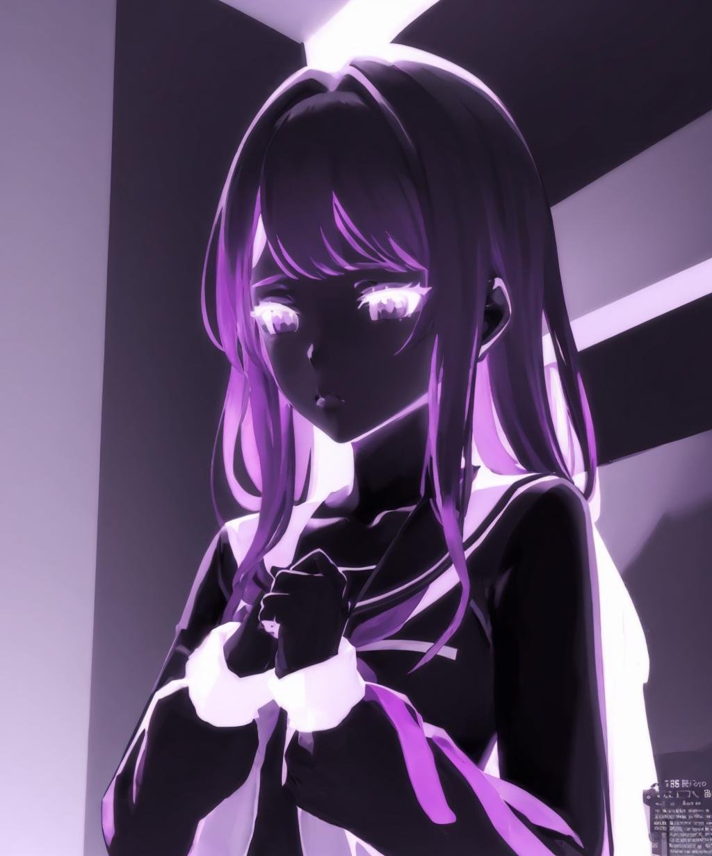 purple theme, monochrome, yandere_style, 1girl, long hair, long sleeves, upper body, own hands together, building, <lora:purple_neon-03:1>,  <lora:yandere_style-10:1>