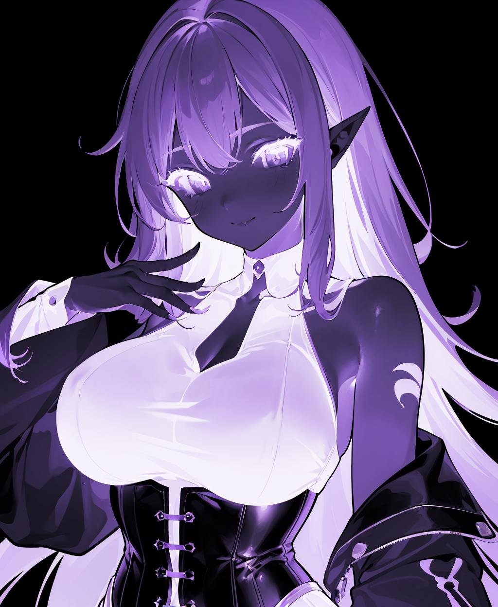 a woman, purple theme, monochrome, pointy ears, smile, closed mouth, solo, long hair, looking at viewer, <lora:purple_neon-03:1>, lob hair, scars, large breasts, elegant hips, corset, (masterpiece, best quality, absurdres, detailed, ultra-detailed:1.3), sexy