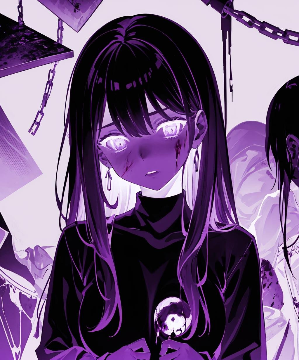 purple theme, monochrome, yandere_style, 1girl, long hair, long sleeves, blood, blood on face, blood on clothes, upper body, building, <lora:purple_neon-03:1>