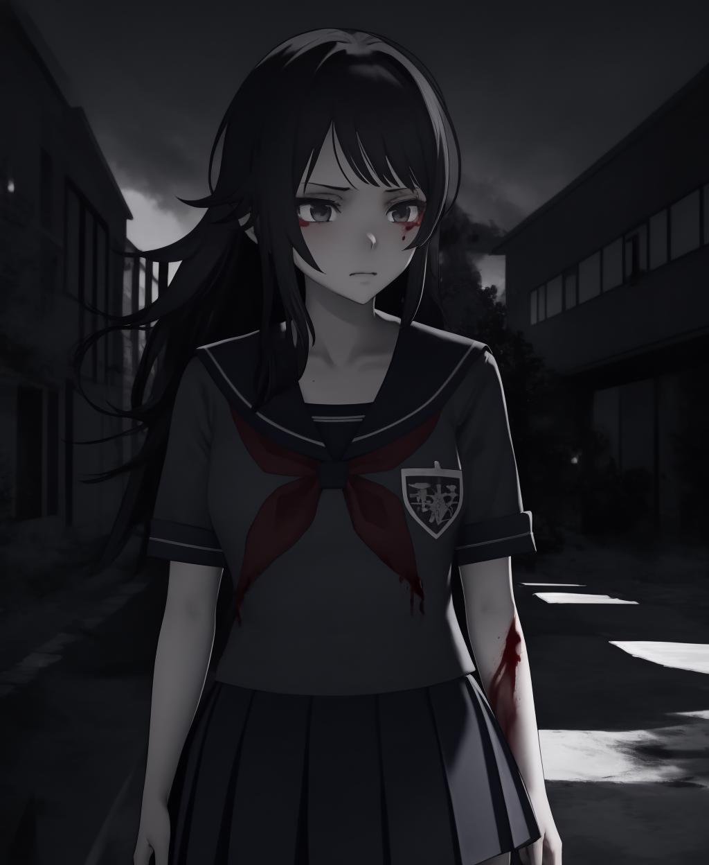 dark theme, yandere_style, 1girl, long hair, skirt, black hair, blood, upper body, <lora:yandere_style-10:1>, <lora:LowRA:0.8> 