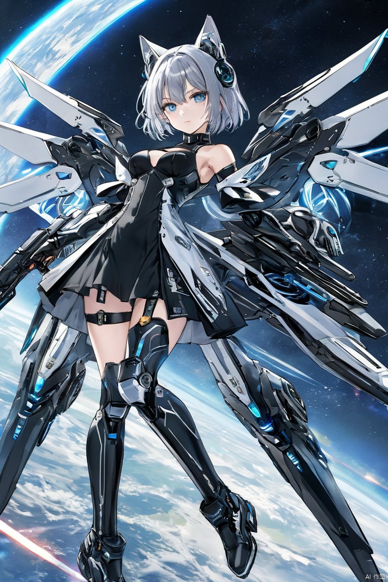  (masterpiece, top quality, best quality, official art, beautiful and aesthetic:1.2),anime character, female, mecha suit, futuristic, silver hair, twin tails, cat ears, blue eyes, mechanical wings, jet engines, glowing hoop weapon, sci-fi, full-body pose, white and black armor, knee-high boots, fingerless gloves, detailed illustration, high-resolution image, 