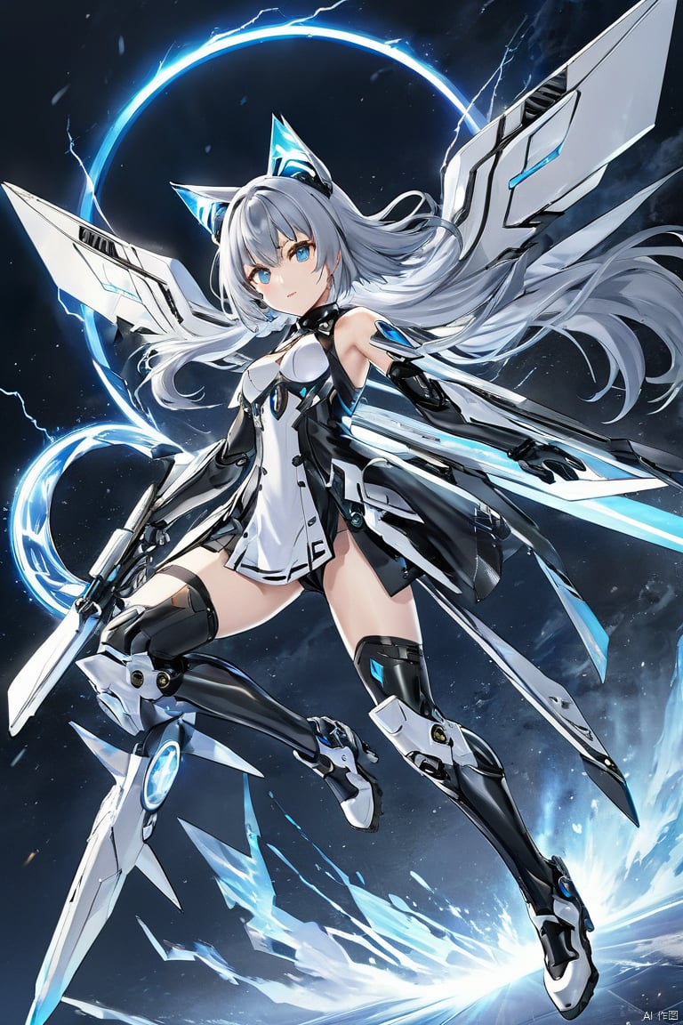  (masterpiece, top quality, best quality, official art, beautiful and aesthetic:1.2),anime character, female, mecha suit, futuristic, silver hair, twin tails, cat ears, blue eyes, mechanical wings, jet engines, glowing hoop weapon, sci-fi, full-body pose, white and black armor, knee-high boots, fingerless gloves, detailed illustration, high-resolution image, (silver_hair:1.1),fate \(series\),colorful,highest detailed,fire,ice,lightning,Wind, thunder, fire, mountains,(splash_art:1.2),scenery,