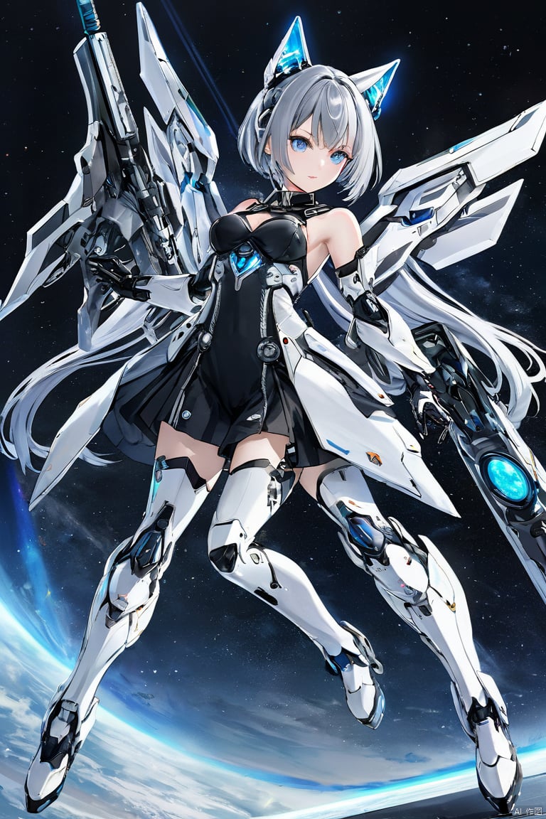  (masterpiece, top quality, best quality, official art, beautiful and aesthetic:1.2),anime character, female, mecha suit, futuristic, silver hair, twin tails, cat ears, blue eyes, mechanical wings, jet engines, glowing hoop weapon, sci-fi, full-body pose, white and black armor, knee-high boots, fingerless gloves, detailed illustration, high-resolution image, 