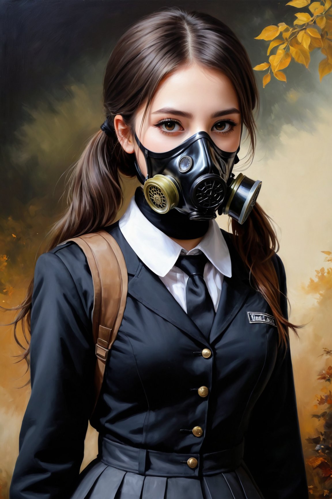 female, ((masterpiece, best quality, ultra detailed, absurdres):1.5), 1girl, beautiful, ZGirl, black uniform, school_uniform,ZGirl, wearing gas mask,gas mask,oil painting style