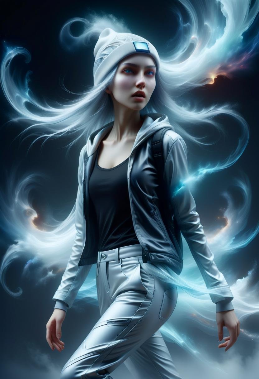 hyper detailed masterpiece, dynamic realistic digital art, awesome quality, DonMB4nsh33XL otherworldly nebulous pale girl,  augmented reality trousers,  cyber-silk camisole,  plasma-infused beanie, , dissolving into mist, screaming in agony <lora:DonMB4nsh33XL-v1.1-000004:0.8>