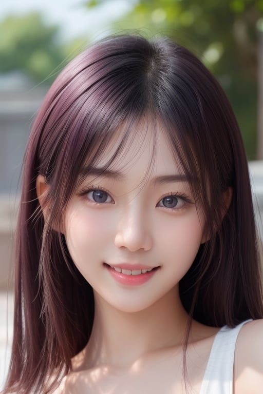 beautiful Asian girl, young girl, with a big beautiful smile, big smile, facing forward, gorgeous Asian model, violet hair, naturally pink lips, ultrarealistic, hyperrealistic, without makeup, without lipstick, facing forward, big eyes, close up on the face, dark blue eyes, frontal face, looking directly to the camera, 8k, photograph, no lipstick, no makeup, natural look, natural skin texture,realistic,REalistic,real asian girl