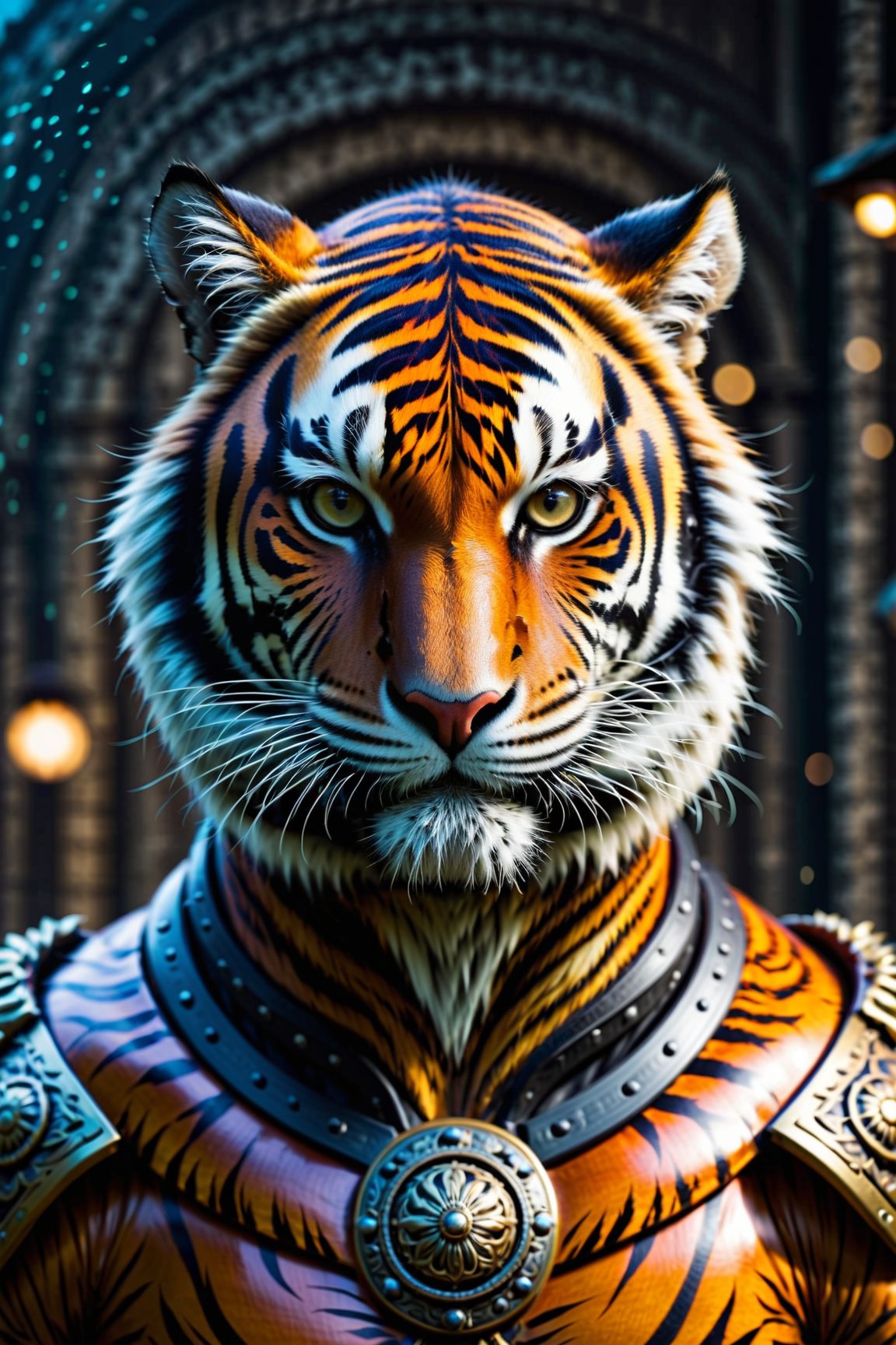 qualidade superior, dramatic lighting, menacing pose, olhar feroz, epic atmosphere, (((Tiger head shaped helmet))), (((tiro de corpo inteiro))), tigre de metal, Ciborgues, estilo cyberpunk, mechnical, ((detalhes intrincados)), NFFSW, ((detalhes intrincados, Hiperdetalhes)), incandescent bulbs, Cinematic Shot, vinheta, bokeh efeito beckground, (tigre), (tiro de corpo inteiro).
