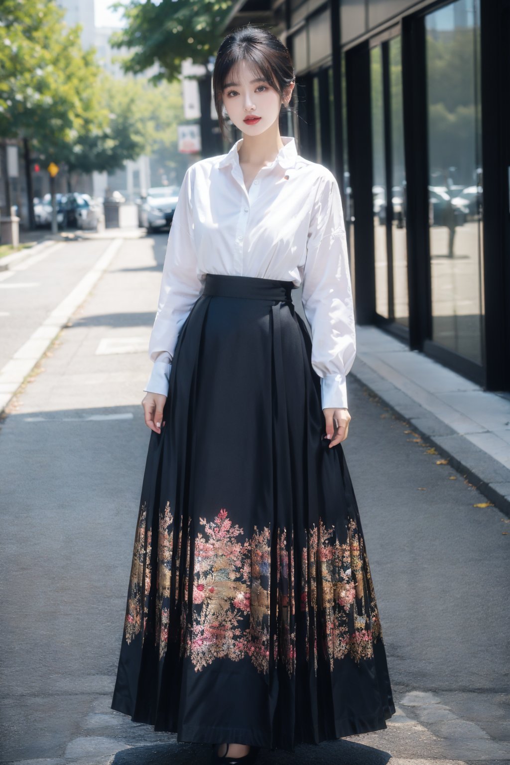 1girl, full body shot, Half skirt, shirt, black color, outdoor, realistic,madien,hands,realistic,depth of field,moyou