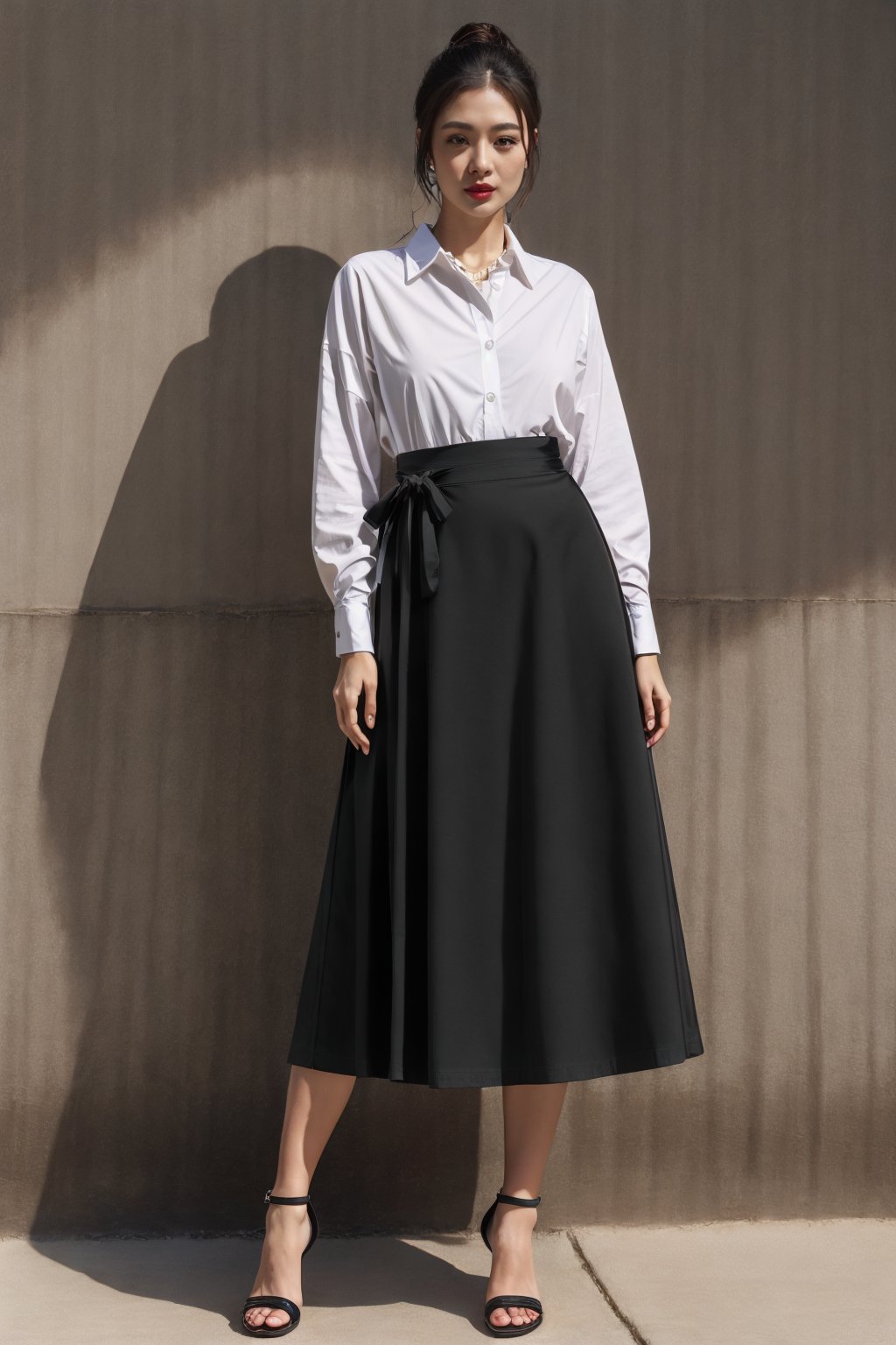 1girl, full body shot, Half skirt, shirt, black color, realistic,madien,photorealistic