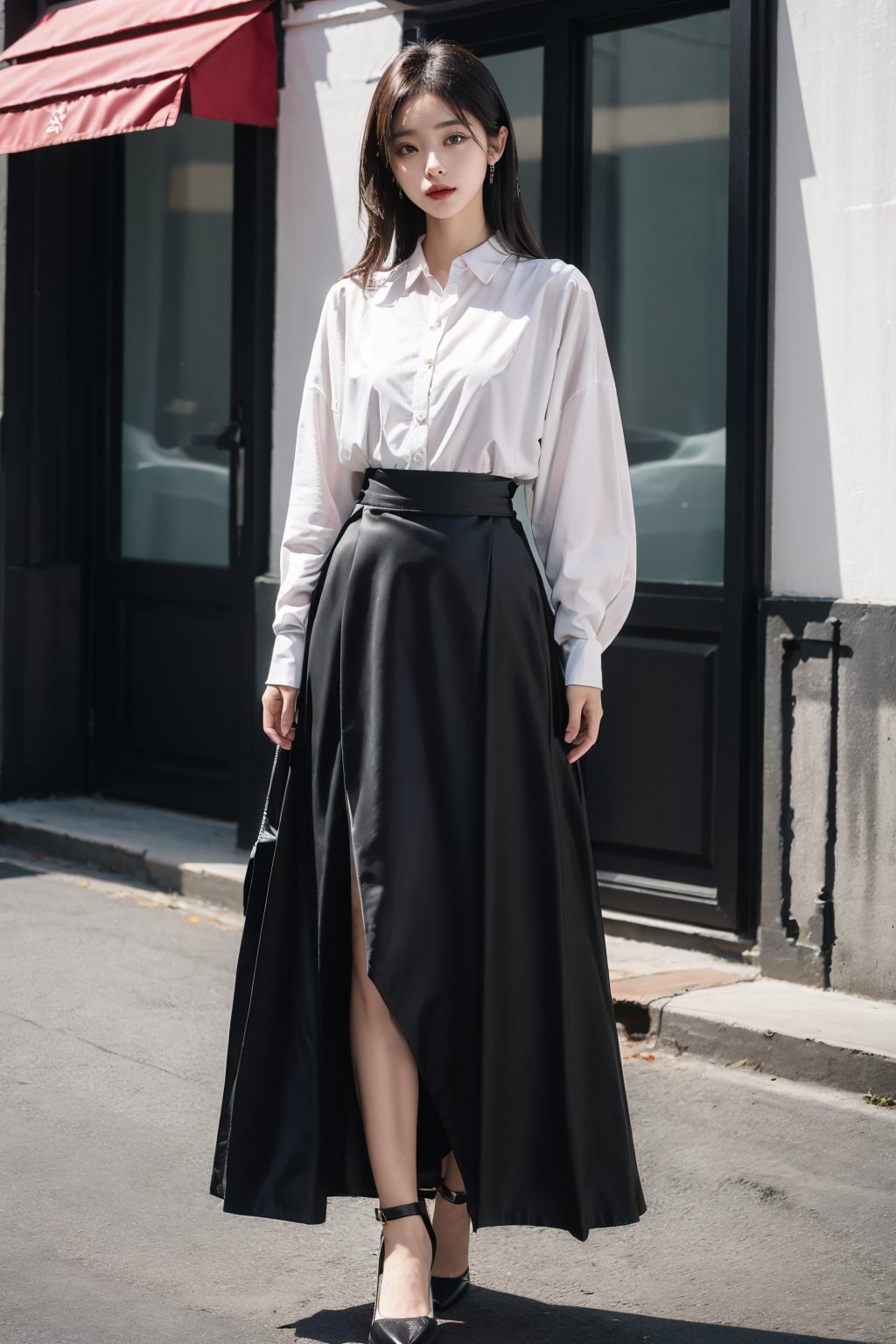 1girl, full body shot, Half skirt, shirt, black color, outdoor, realistic,madien,hands,realistic,depth of field