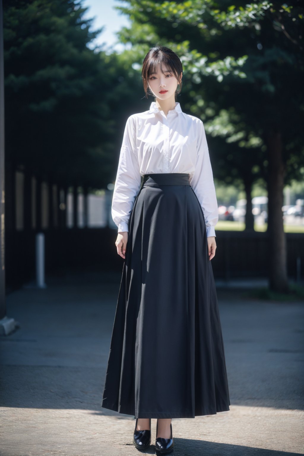 1girl, full body shot, Half skirt, shirt, black color, outdoor, realistic,madien,hands,realistic,depth of field,moyou,realhands