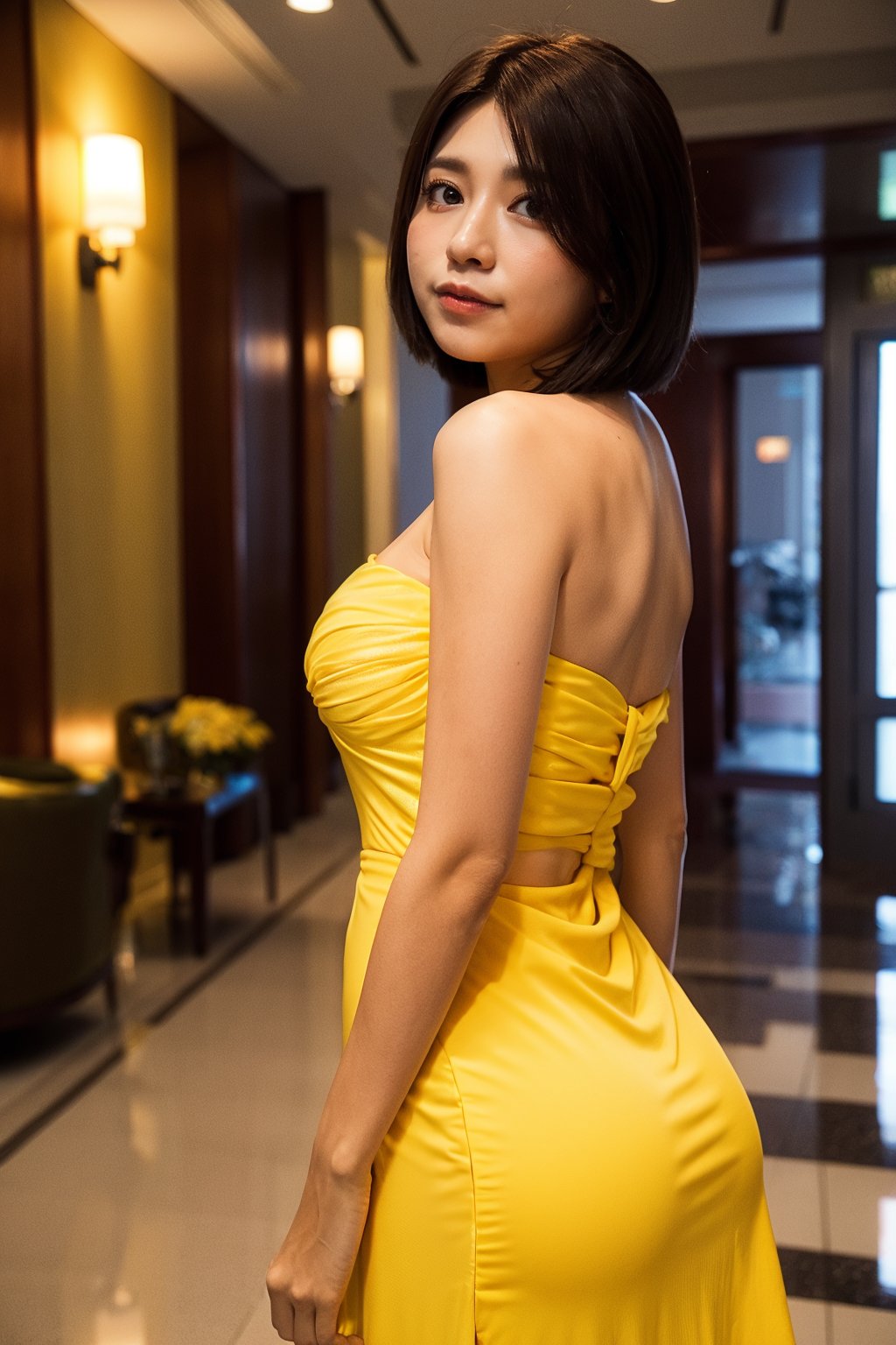 woman, (yellow gown:1.2), hotel lobby, luxury, bokeh <lora:aiManjaMw-08:0.8>