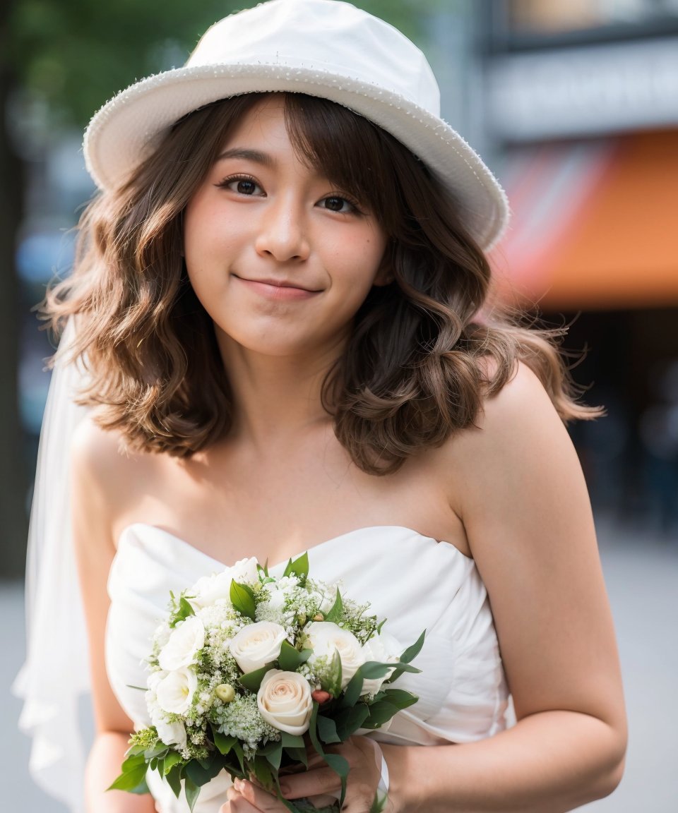 bride, slight smile, curly hair, (simple wedding gown), upper body, bokeh, empty london street, hat, 