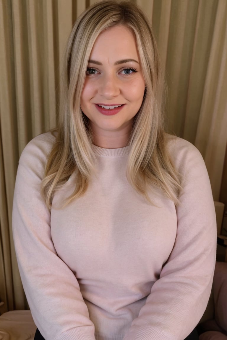 Masterpiece, room with drapes, 1girl,  heart-shaped pupils,  fingernails,  white hair,  purple eyes,  (blush:1.1),  upper body,  trembling,  sweat,  sweatdrop,  heart,  love,  heart,  low cut sweater, happy,  smile,  lace,  bokeh,  natural skin texture,  portrait, realistic, soft focus, light and shadows,  sharla