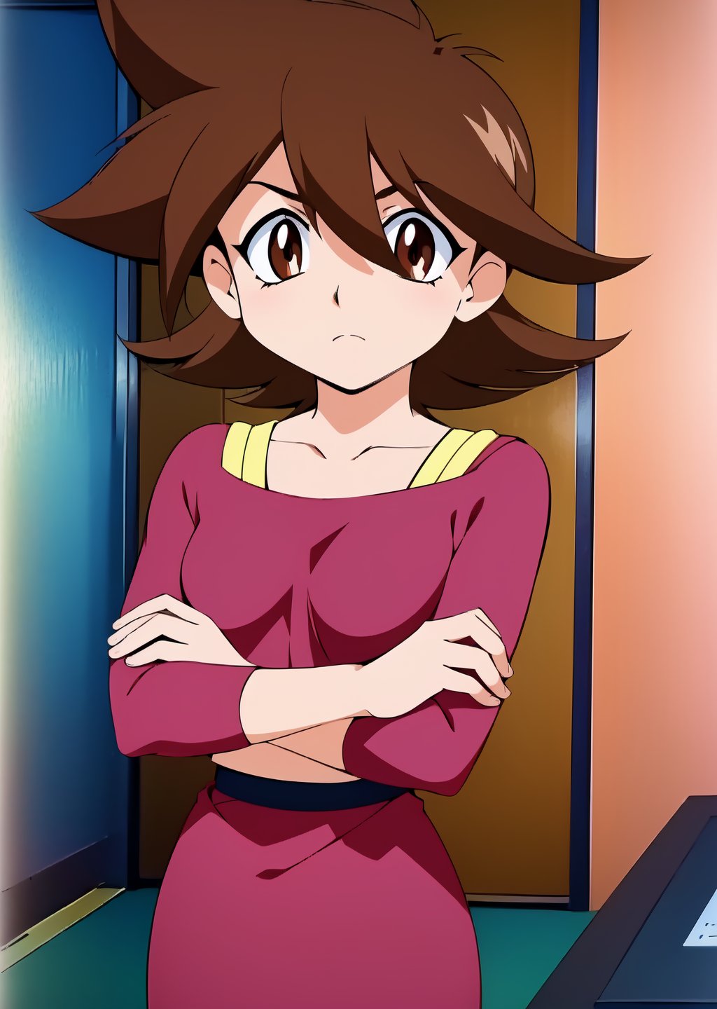 1girl, solo, looking at viewer, short hair, brown hair, shirt, long sleeves, dress, hair between eyes, brown eyes, closed mouth, standing, collarbone, small breasts, crossed arms, wristband, retro artstyle