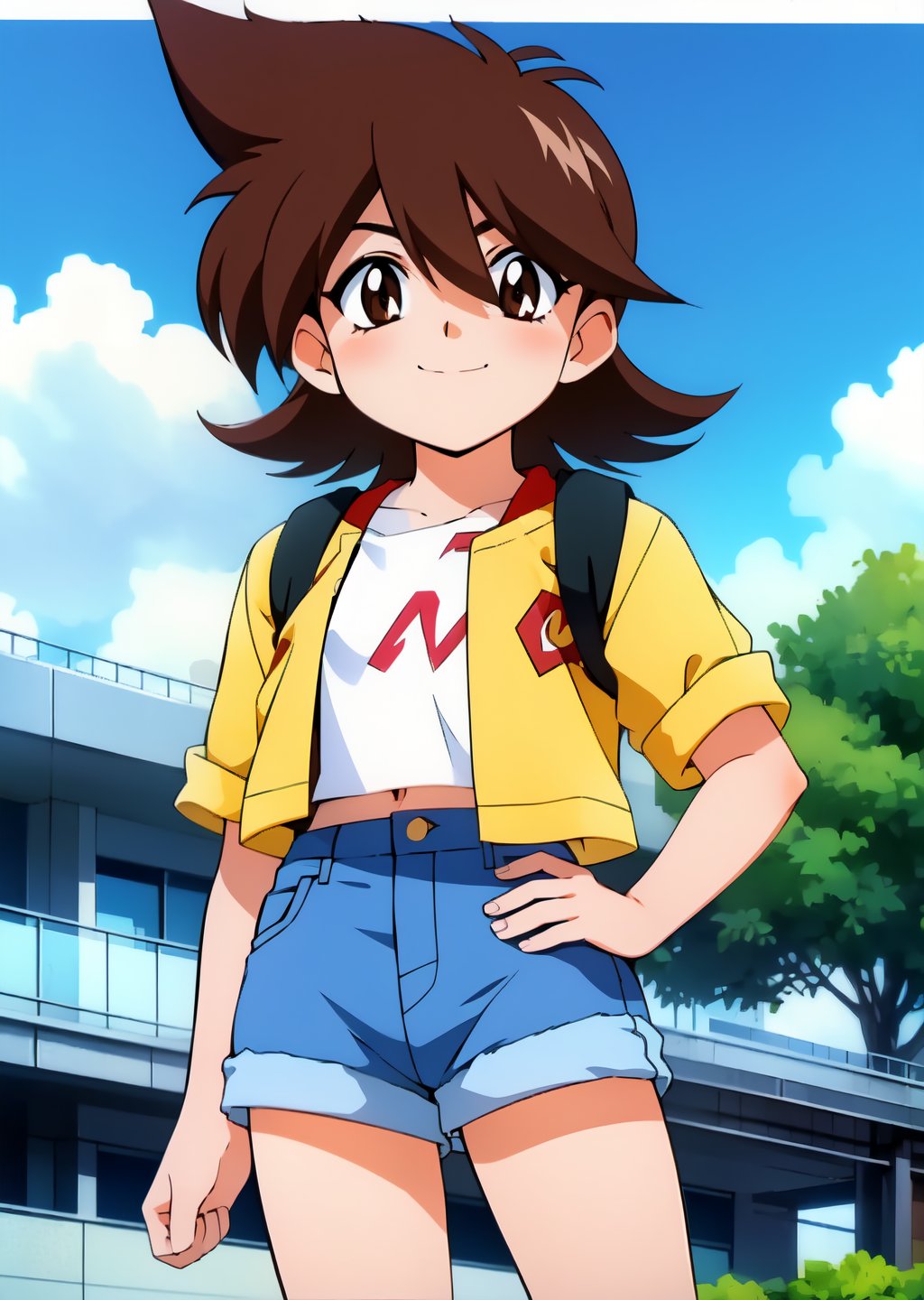 Hilary Tachibana, 1girl, solo, looking at viewer, smile, short hair, brown hair, shirt, brown eyes, standing, jacket, short sleeves, outdoors, open clothes, sky, shorts, day, cloud, black eyes, open jacket, blue sky, hand on hip, black shirt, short shorts, denim, blue shorts, denim shorts, retro artstyle