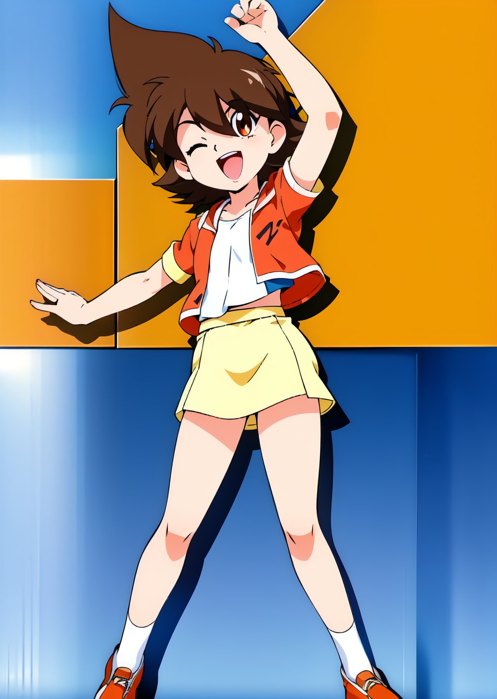 1girl, solo, looking at viewer, smile, short hair, open mouth, skirt, brown hair, shirt, jacket, full body, short sleeves, one eye closed, open clothes, shoes, socks, miniskirt, arm up, open jacket, ;d, clenched hand, orange footwear