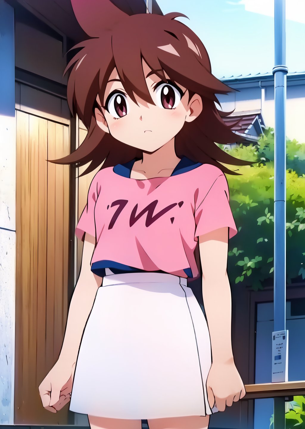 Hilary Tachibana, pink shirt, white skirt