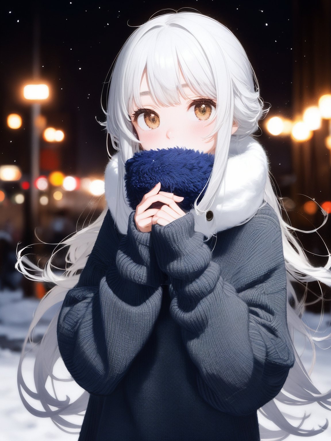 girl, photograph, muffler, sweater, long hair, white breaths,