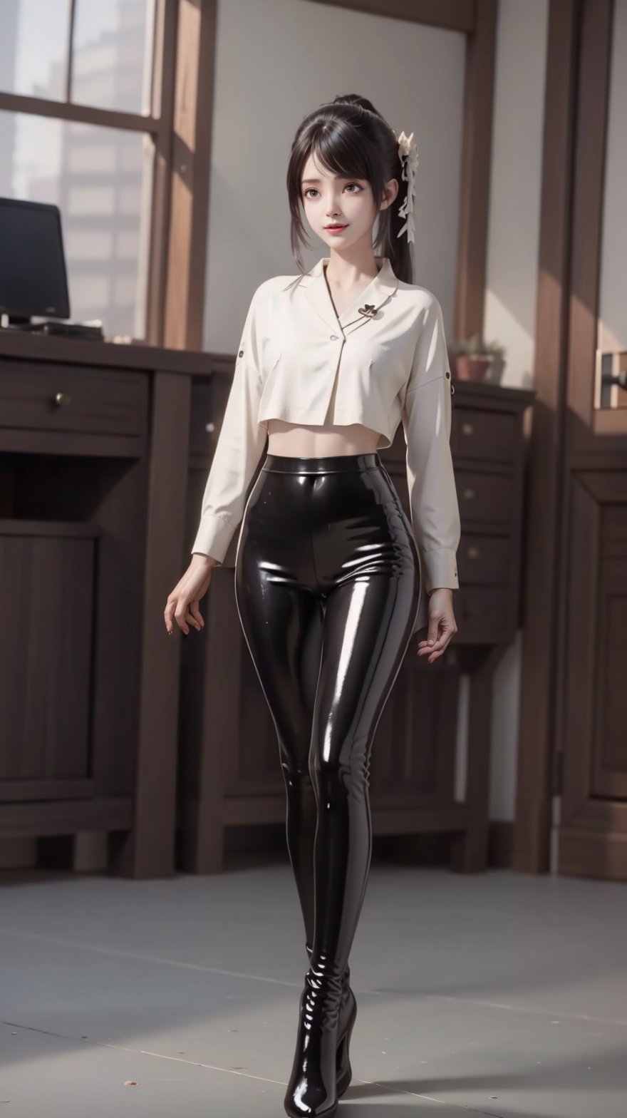 1girl,solo,reflective,CG,indoor,sexy,shiny skin,perfect face,full body,teeth,leggings,leggings,extra long hair,(sitting:1.1),legs,spread_legs,open_legs,(sit on the ground:1.1),(patent leather stockings:1.2),small shorts,<lora:炫彩V1_v1.0:0.5>,((tall and straight:1.5)),(patent leather tight:1.3),one-body tights,<lora:甜妹beautify lady:0.2>,<lora:阿通 (2):0.6>,