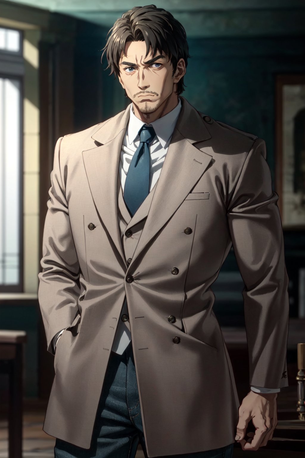 1boy, solo, Blitz T. Abrams, Kekkai Sensen, anime, tall, muscular man, hort black hair, blue eyes, facial hair, 51 years old, mature, handsome, manly, white collared shirt, black necktie, buttoned-up brown overcoat, perfect anatomy, perfect proportions, , 8k, HQ, HD, UHD, (best quality:1.5, hyperrealistic:1.5, photorealistic:1.4, madly detailed CG unity 8k wallpaper:1.5, masterpiece:1.3, madly detailed photo:1.2), (hyper-realistic lifelike texture:1.4, realistic eyes:1.2), picture-perfect face, perfect eye pupil, detailed eyes, dynamic, (dutch angle), high_resolution, image with colo