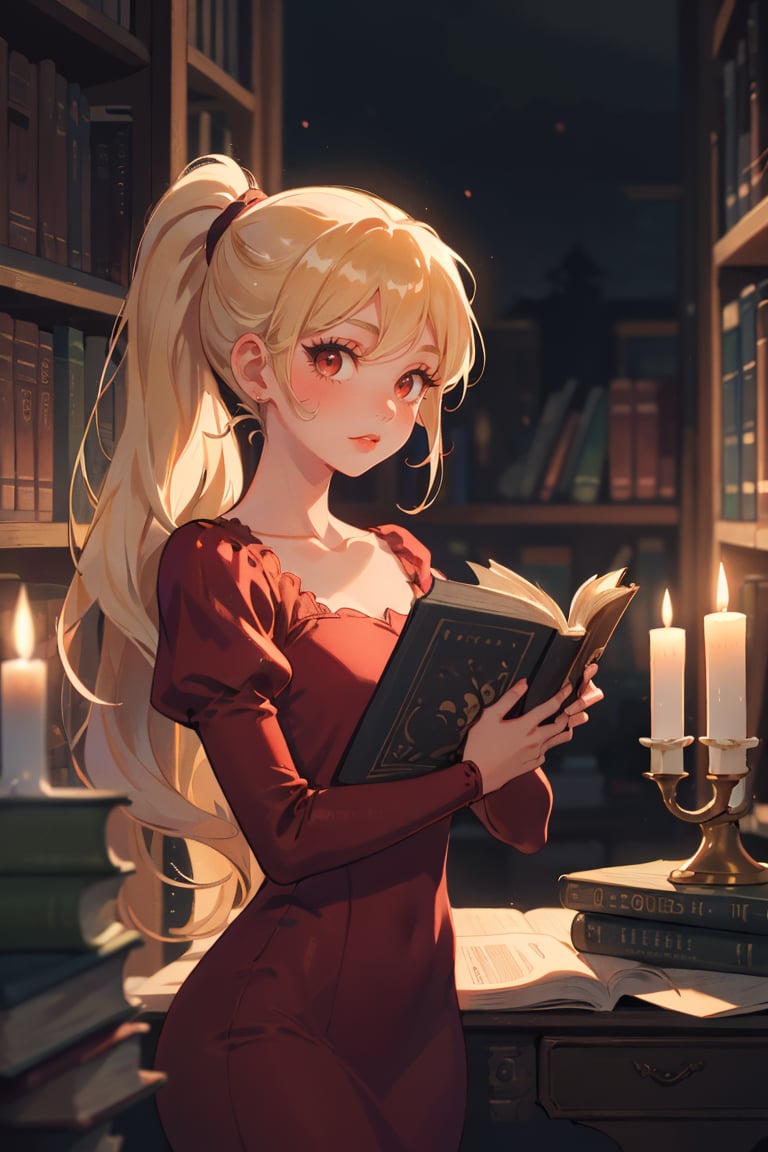 1girl, solo,blonde hair, long hair, high ponytail, hair intakes,red eyes, long eyelashes, thick eyelashes, looking at viewer,red dress, juliet sleeves, long sleeves, collarbone,indoors, library, books, (renaissance, vintage:1.2), dark, night, candlelight,