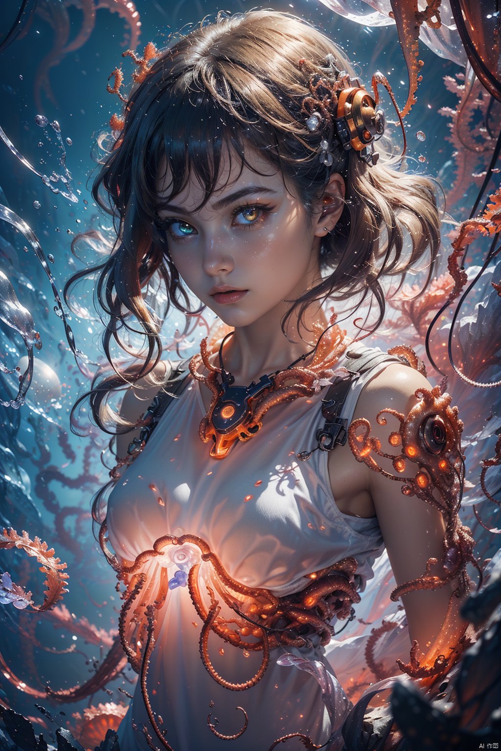  best quality,Amazing,Beautiful golden eyes,finely detail,Depth of field,extremely detailed CG unity 8k wallpaper,(1 girl :1.5),Deep sea background,jellyfish,masterpiece,fluttered detailed splashs, beautiful detailed water,cosmic eyes,Shock sensation,(realistic :0.5),octopus,original,sdmai,jixieji,