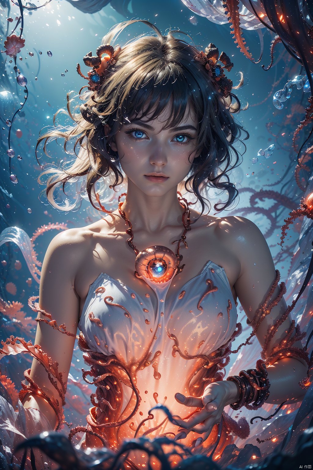  best quality,Amazing,Beautiful golden eyes,finely detail,Depth of field,extremely detailed CG unity 8k wallpaper,(1 girl :1.5),Deep sea background,jellyfish,masterpiece,fluttered detailed splashs, beautiful detailed water,cosmic eyes,Shock sensation,(realistic :0.5),octopus,original,sdmai,jixieji,