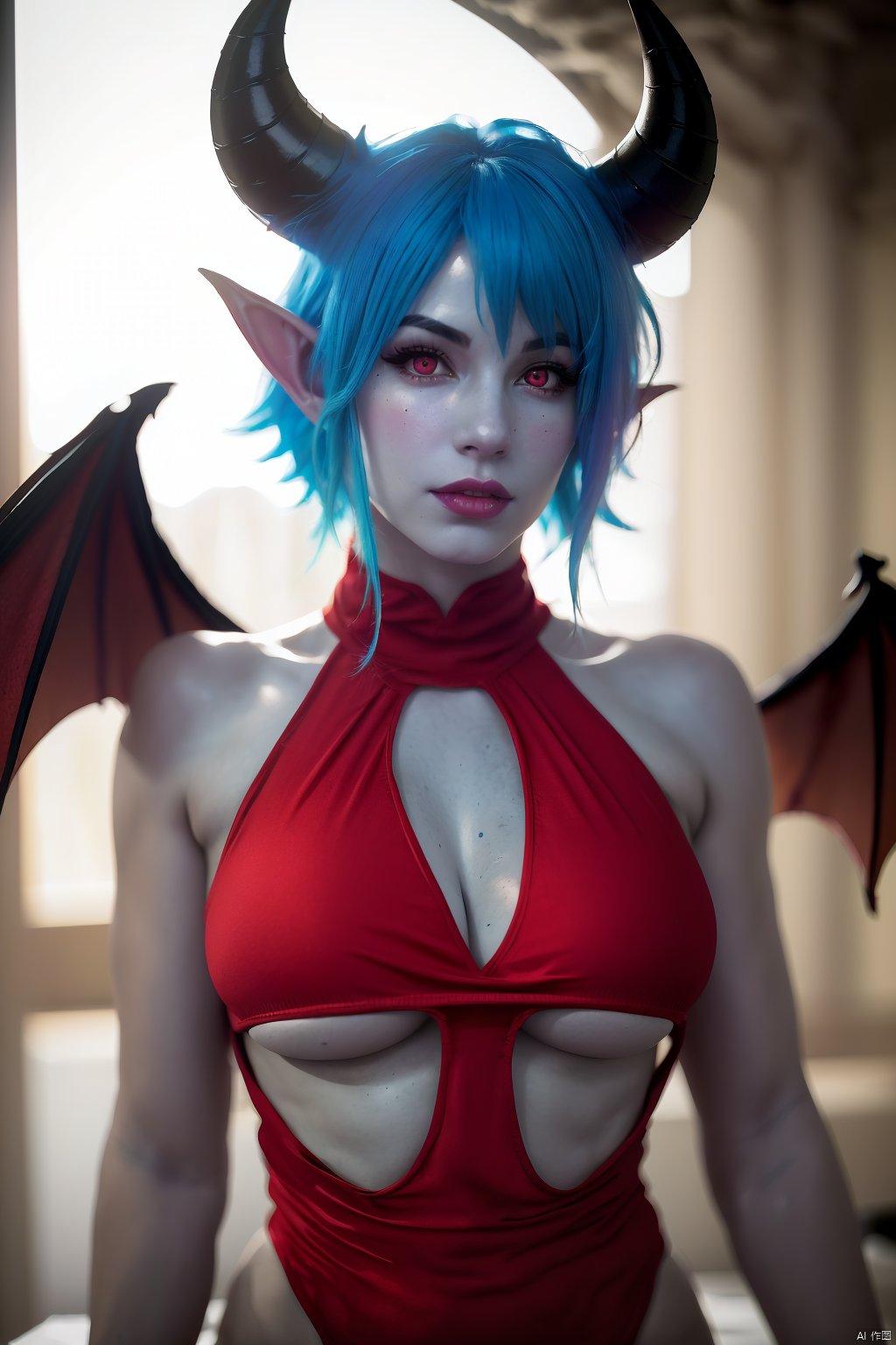  best quality, masterpiece, (realistic:1.2), hdr, detailed, 1girl,perfect body,cute evil face, wings, colored skin, pointy ears, blue skin, red eyes, underboob, demon girl, horns, breasts, genderswap (mtf), genderswap, red wings, high quality, masterpiece,soft light, Subsurface scattering