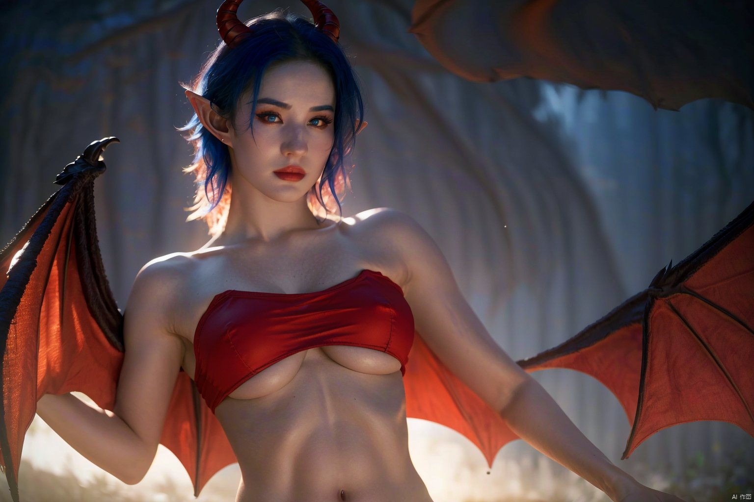  best quality, masterpiece, (realistic:1.2), hdr, detailed, 1girl,perfect body,cute evil face, wings, colored skin, pointy ears, blue skin, red eyes, underboob, demon girl, horns, breasts, genderswap (mtf), genderswap, red wings, high quality, masterpiece,soft light, Subsurface scattering