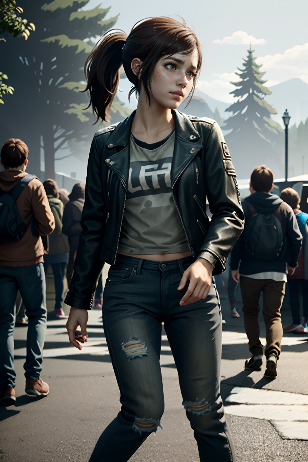 ((ultra detailed, masterpiece, absurdres))
TLOUEllie, 1girl, ponytail, brown hair, green eyes, Black leather jacket, white graphic tee, distressed skinny jeans, ankle boots , in front of a rock concert
