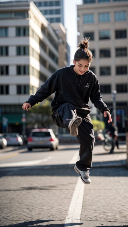 full body,from below,photo of a 18 year old girl,Parkour,happy,ray tracing,detail shadow,shot on Fujifilm X-T4,85mm f1.2,sharp focus,depth of field,blurry background,bokeh,motion blur , full body,