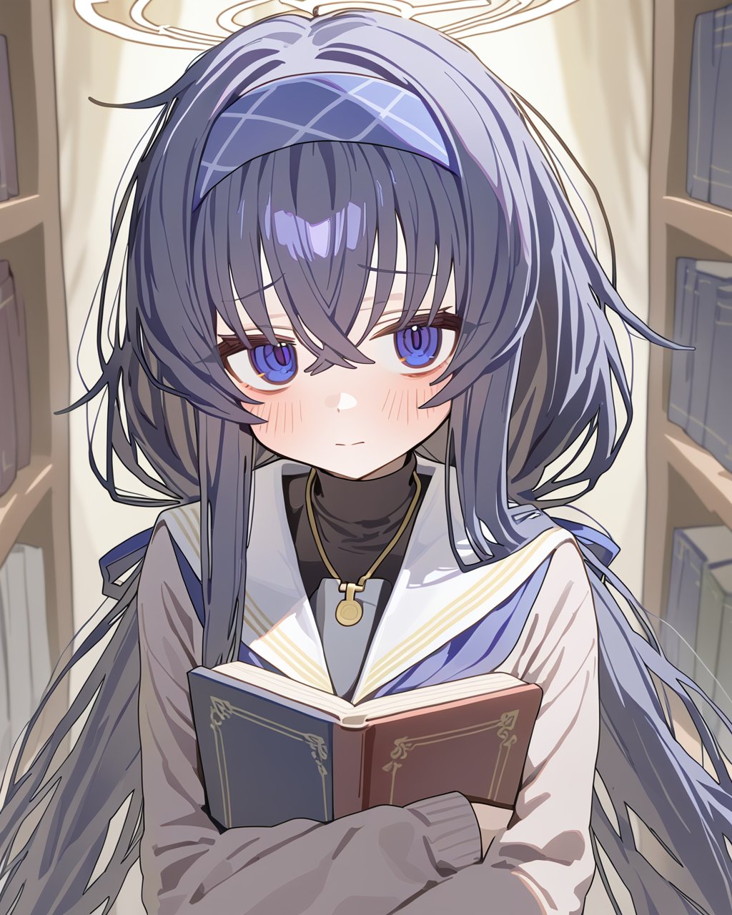 ningen mame,  1girl,  ui (blue archive),  solo,  book,  long hair,  black hair,  holding book,  holding,  hairband,  bangs,  bags under eyes,  blue hairband,  sailor collar,  blush,  long sleeves,  looking at viewer,  cardigan,  closed mouth,  white sailor collar,  hair between eyes,  school uniform,  halo,  upper body,  serafuku,  grey cardigan,  very long hair,  open book,  blue eyes,  purple eyes,  shirt,  crossed bangs,  ribbon,  black undershirt,  twintails,  bookshelf,  brown cardigan,  white serafuku