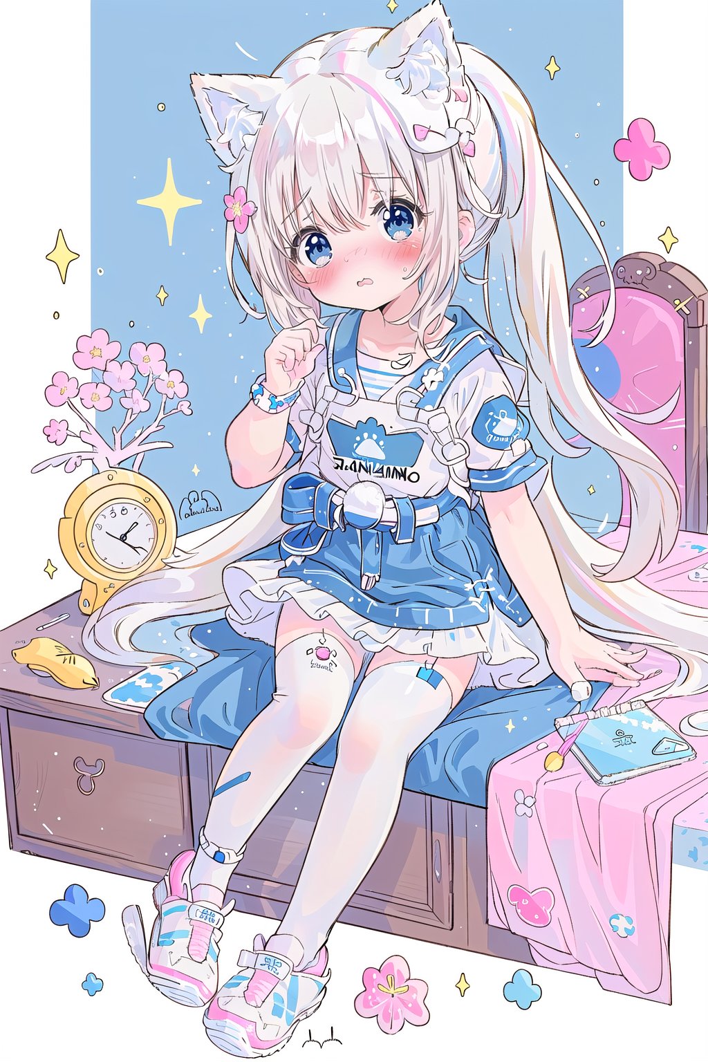 cute fluffy style anime realm, detailed, young, (loli), jk, kawaii, (white hair:1.3), long hair, (straight hair:1.3), ponytail, sidetail, round face, white fluffy T-shirt, (short denim skirt:1.4), (shows whole body:1.5), cat ears, bangs, shy, embarrassed, frightened, (mouth opens:1.3), (deep blue eyes:1.5), (white compression stockings:1.2), (white sports shoes:1.5), pigeon-toed, slim legs, short legs, yellow watch on left hand, super detailed, background of bedroom, with writing table, sitting on bed, colourful background with flower patterns, Better clothing, detailed clothing, perfect clothes ,best quality, (masterpiece:1.4),glitter, japan anime style,shiny,midjourney,masterpiece,cuteloli,fruits