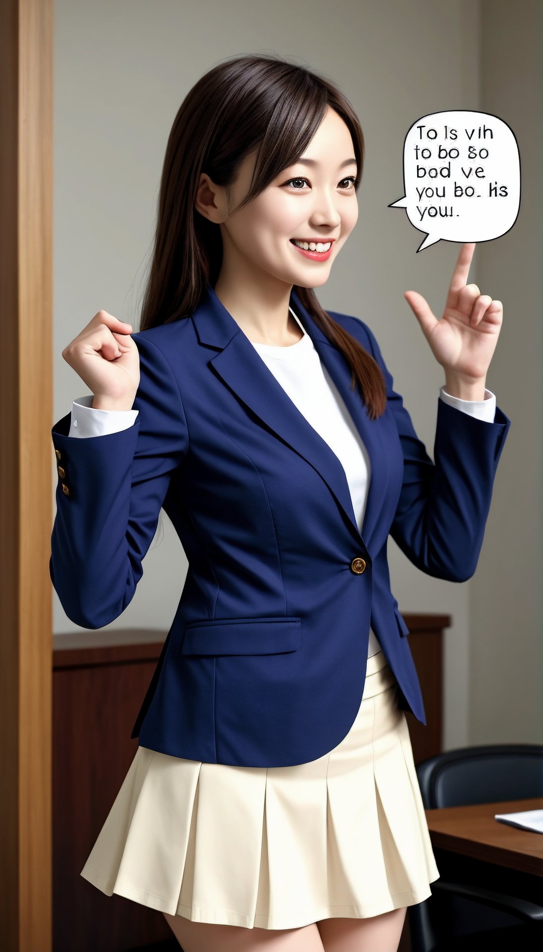 (best quality, masterpiece:1.2),ultra detailed,(photo realistic:1.4),solo,cute girl,business suit,mini skirt,lite smile, bubble in text 'WHY?',(speech_bubble:1.3)