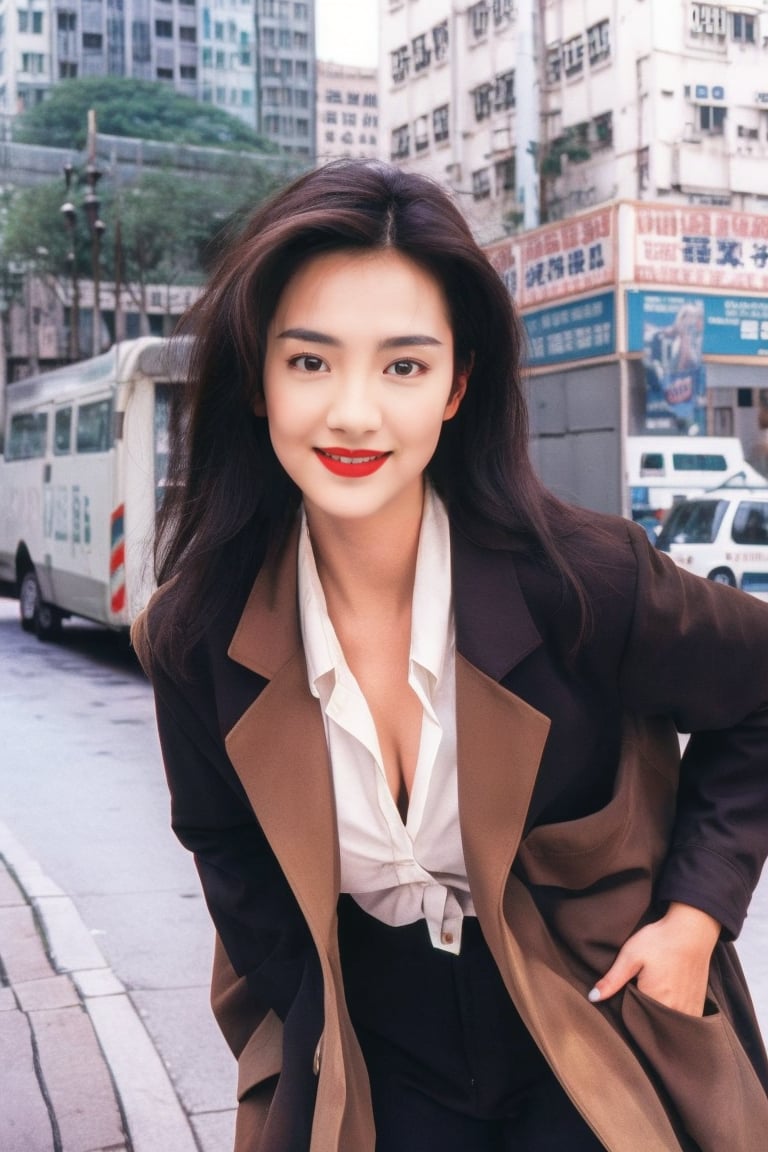 1girl, solo, long hair, looking at viewer, smile, shirt, black hair, jacket, outdoors, black eyes, lips, coat, black shirt, leaning forward, ground vehicle, brown jacket, red lips, photo background, hongkong vintange, hongkong 80s, ,hongkong 80s