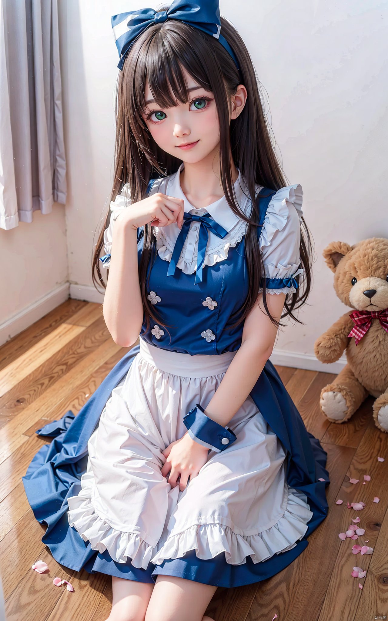 (cowboy shot,very long hair,4349:1),1girl,long_hair,green_eyes,black_hair,dress,bow,solo,hair_bow,stuffed_toy,card,checkered_floor,stuffed_animal,sitting,looking_at_viewer,wrist_cuffs,ribbon,petals,blue_dress,blush,apron,alice_(alice_in_wonderland),smile,