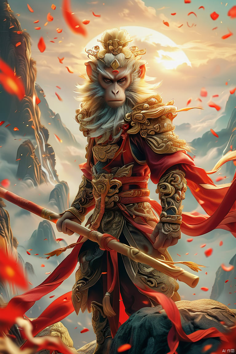  shanhaijing,sunwukong,(masterpiece:1.3),(8K, realistically, RAW photogr, Best quality at best:1.4),solo,fullbody, 1Monkey King,looking at viewer,holding golden hoop stick,Standing on the mountain,Hair accessories, petals, red cloak