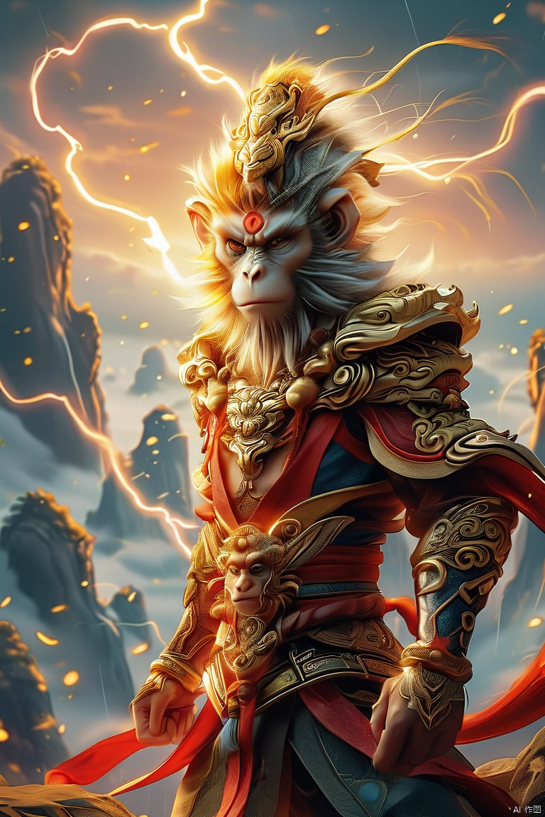 sunwukong,(masterpiece:1.3),(8K, realistically, RAW photogr, Best quality at best:1.4),solo,1Monkey King,looking at viewer,Hair accessories, thunder and lightning