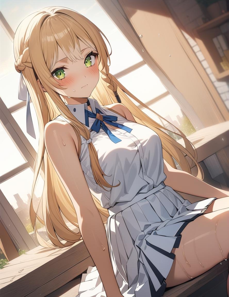 1girl, klaudia, green eyes, long hair, blonde hair,braid, solo,green eyes, looking at viewer, breasts, sweat, shirt, white scrunchie, scrunchie, sitting,  white shirt, sleeveless shirt, white skirt, medium breasts, closed mouth, bangs, bare shoulders, indoors, window, dutch angle, pleated skirt,(masterpiece), (best quality), (ultra-detailed), illustration, perfect composition, intricate details, moist skin, intricate details, HDR, bokeh,<lora:my_klaudiaXL:0.8>