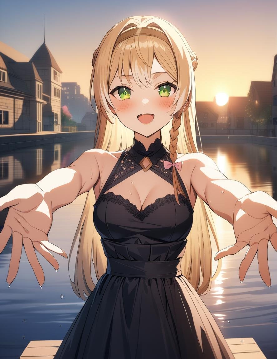 1girl, klaudia, green eyes, long hair, blonde hair,braid, solo, green eyes, looking at viewer, outstretched arms, outdoors, dress,blush, sleeveless, sunset, armpits, open mouth, cleavage, smile, medium breasts, black dress, building, bare shoulders, pink flower, hair intakes, bench, sleeveless dress, bare arms, water,(masterpiece), (best quality), (ultra-detailed), illustration, perfect composition, intricate details, moist skin, intricate details, HDR, bokeh,<lora:my_klaudiaXL:0.8>