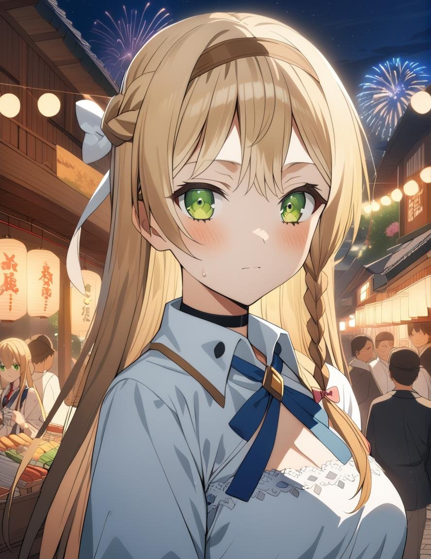 1girl, klaudia, green eyes, long hair, blonde hair,braid, solo,green eyes, upper body,   looking at viewer, outdoors, solo, days,(masterpiece), (best quality), (ultra-detailed), illustration, perfect composition, intricate details, moist skin, intricate details, HDR, bokeh, Scenery, crowd, fireworks, japanese buildings, street, vendor, shop, cherry blossom, festival, night,<lora:my_klaudiaXL:1>