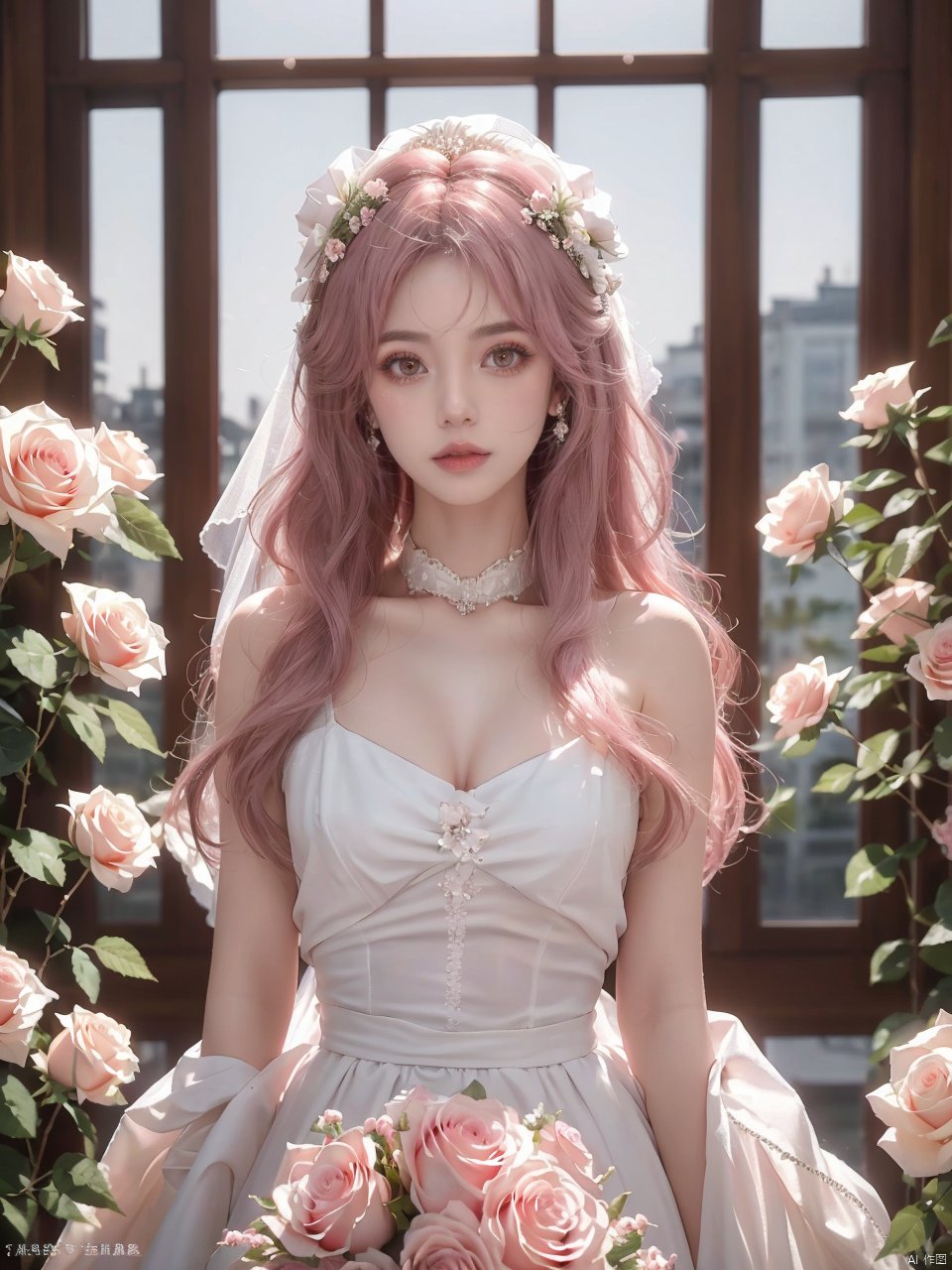  masterpiece,1 girl,22 years old,Look at me,Exquisite makeup,Pink hair.,Long hair,white wedding dress,Wipe the chest,Indoor,Exquisite decoration,Bright light,Stand,In the middle of the picture,Whole body,Plenty of roses,textured skin,super detail,best quality,Future City,FilmGirl,blue and white porcelain,