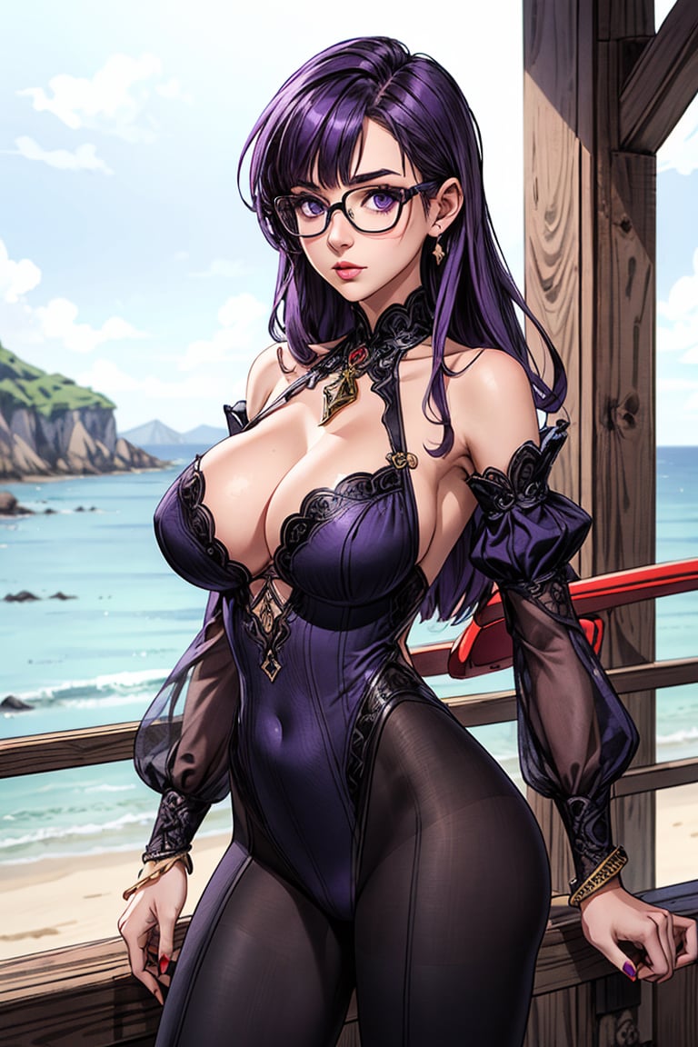 high quality,1girl, solo, very long hair, breasts, cleavage, huge breasts, very long hair, purple hair, detached sleeves, glasses,leavage, bare shoulders, jewelry, closed mouth, purple eyes, pantyhose, cowboy shot, detached sleeves, glasses, puffy sleeves, clothing cutout, detached collar, black-framed eyewear,detached sleeves, glasses, puffy sleeves,juliet sleeves, suit,Bell bottom pants,sexy pose,beach