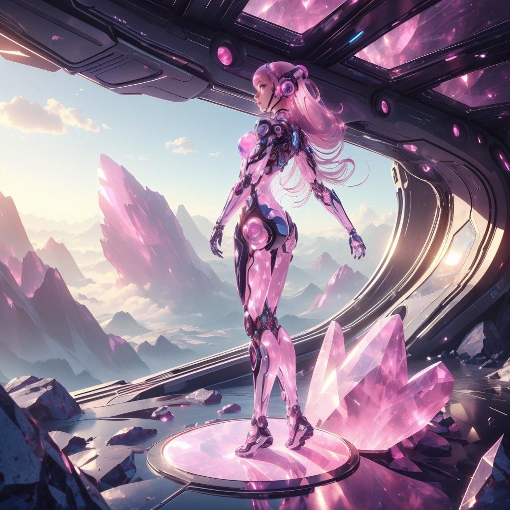 <lora:GemTech-22:0.8>, gemtech , scifi, internal reflections , transparent, inner details ,  rose quartz ,synthetic girl , full body, on a hill,  long hair, epic scenery 