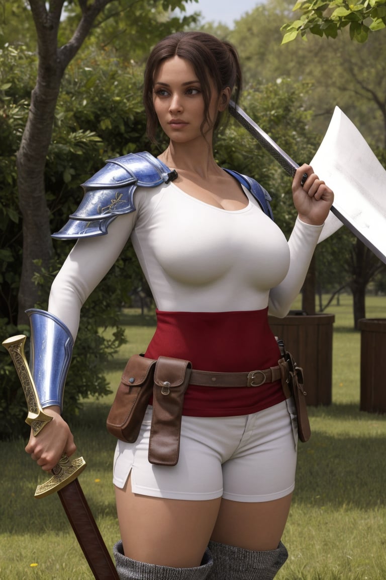The image features a woman dressed as a warrior,  standing confidently with her weapons drawn. She is holding a sword in o...
