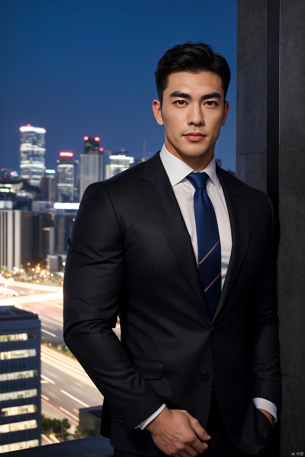 (absurdres, highres, ultra detailed, realistic, ), 1 male, solo, adult, mature, tall muscular guy, broad shoulders, handsome, very short hair, black hair, brown eyes, angular jaw, thick neck, thick eyebrows, night, dark, the night view of the city background, formal suit, necktie, upper body