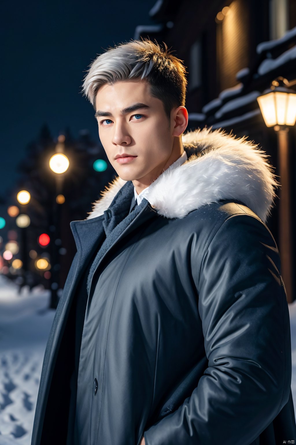 (absurdres, highres, ultra detailed, realistic, ),1 male,solo,adult,mature,tall muscular guy,broad shoulders,handsome,(very short hair:1.3),(white hair),blue eyes,angular jaw,thick neck,thick eyebrows,closed mouth,fur coat,uniform,black cloak,winter night,snowy night,dark,extreme cold,fantasy,swirling wind,